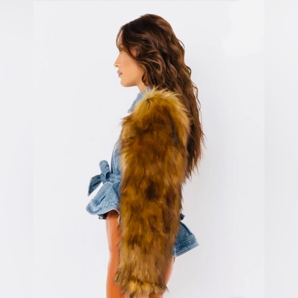 New Portugal Denim Faux Fur Arm Jacket, Blue Denim, Fluffy Arms, Western Cowboy - Picture 4 of 5